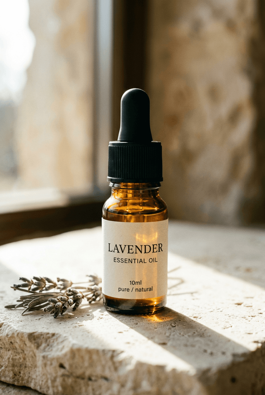 Lavandula angustifolia — lavender essential oil in amber glass