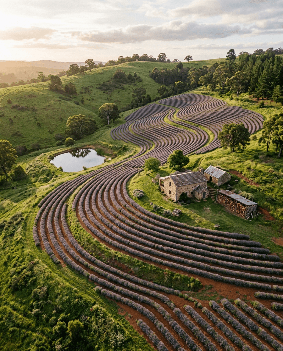 Aerial view of lavender rows curving with the hillside contour, Zululand