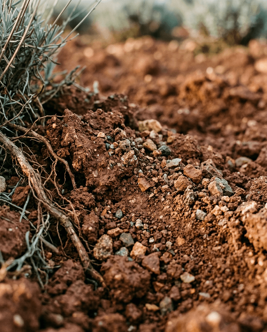 Close view of turned red clay loam soil with granite grit