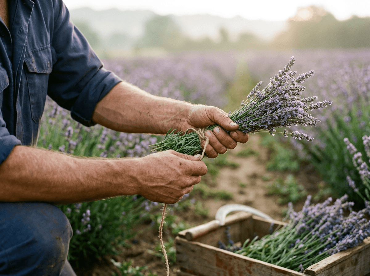 Hands bundling cut lavender at morning harvest