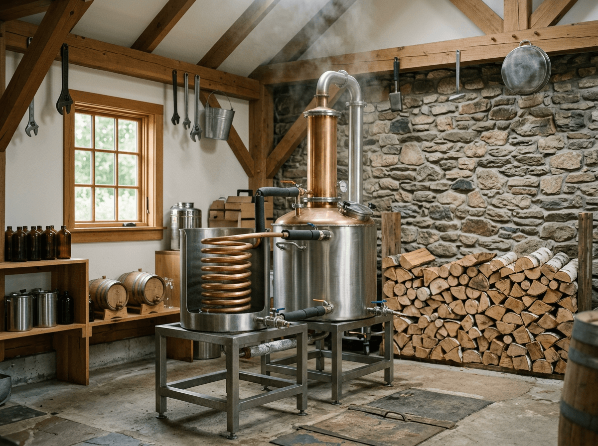 The still house with steam still, copper condenser and wood store