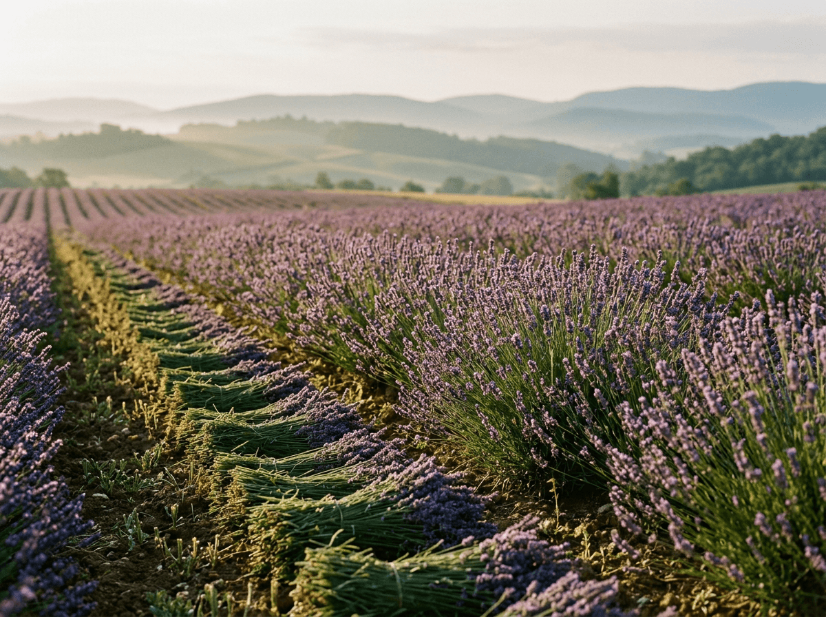 Lavender rows at first cut, dawn light, east field — Zululand